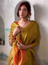 Golden Silk Saree with Rust Border – Traditional Wedding Wear